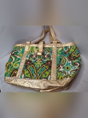 Milly Cabana  Beach Tote Bag Terrycloth Lining Gold Green Print River Pool A2